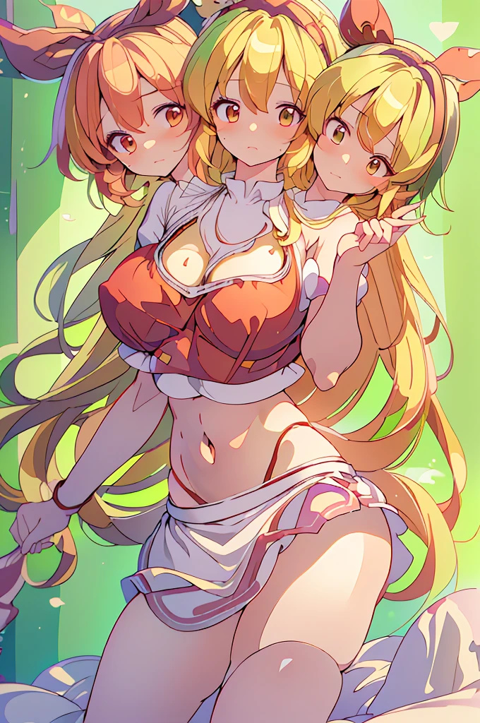 (masterpiece, best quality), best quality, (ultra-detailed), (3heads:1.5), 1girl, (ellen (touhou):1.3), masterpiece, best quality, ultra quality, ultra resolution, ultra detail, red top, crop top, ((stomach)), midriff, ((groin)), red skirt, normal ears, shackles, blonde hair, very long hair, wavy hair, sidelocks, green eyes, parted lips, open belly, sweat, cute, toned belly, hand on own chest, eyelashes, (24 year old woman:1.3), (masterpiece:1.5), (best quality:1.5), (beautiful detailed, extremely detailed CG, extremely delicate and beautiful, depth of field, (finely detailed face), (perfect details:1.3), (mature female:1.4), wide pelvis, slender, large veiny breast, 16k resolution, highres, high quality, high definition, extremely detailed, masterpiece, best quality, blonde hair, long hair, alluring presence, braid, short skirt, close up, big tits, young, hairband, red hairband, waist apron,
