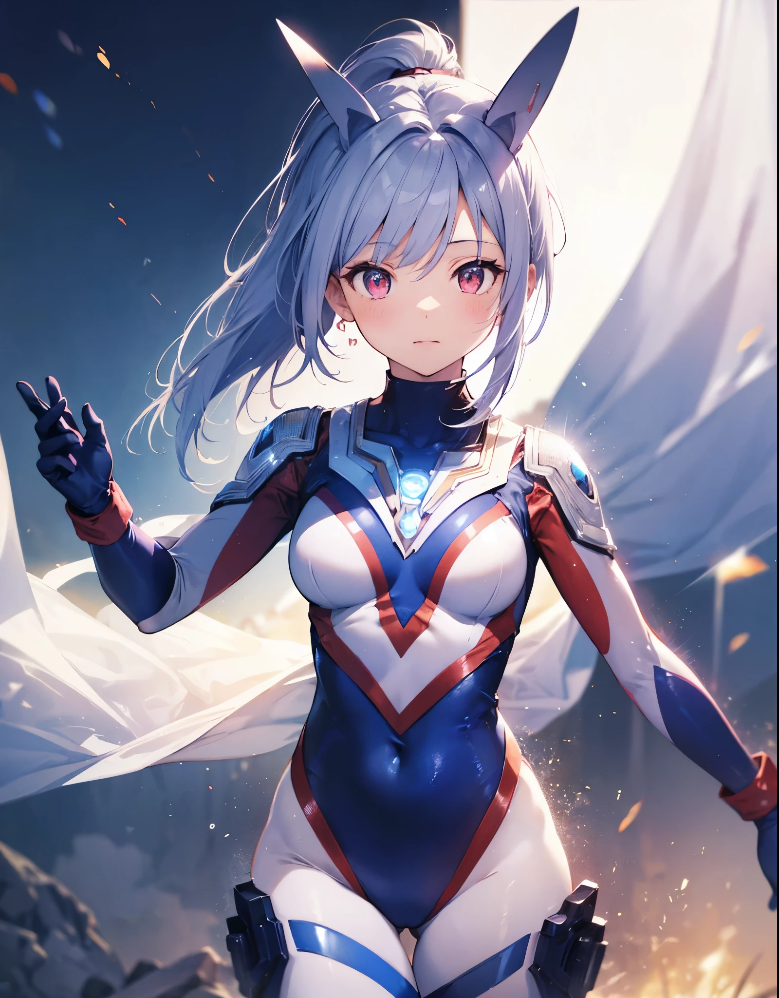 (Close-up:1.3),Realistic,highest quality, Ultra Detail, High-quality CG rendering, The most delicate and beautiful, Floating softly, High resolution, (1 girl), (Highest quality,4K,8K,masterpiece:1.2) ,Light purple hair,Rabbit,Bunny ears,ponytail,Red eyes,(Ultra Girl:1.0),(Bright blue Ultraman bodysuit:1.4),(Blue gloves:1.3),(Blue shoes:1.3),(whole body:1.3)
