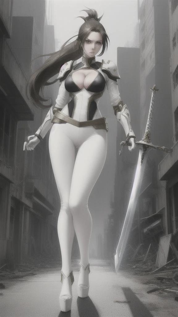 Long brunette woman, Ponytail, Chest, cleavage, White leggings, White sci-fi armor, High heel,whole body, cross sword, apocalyptic ruined city