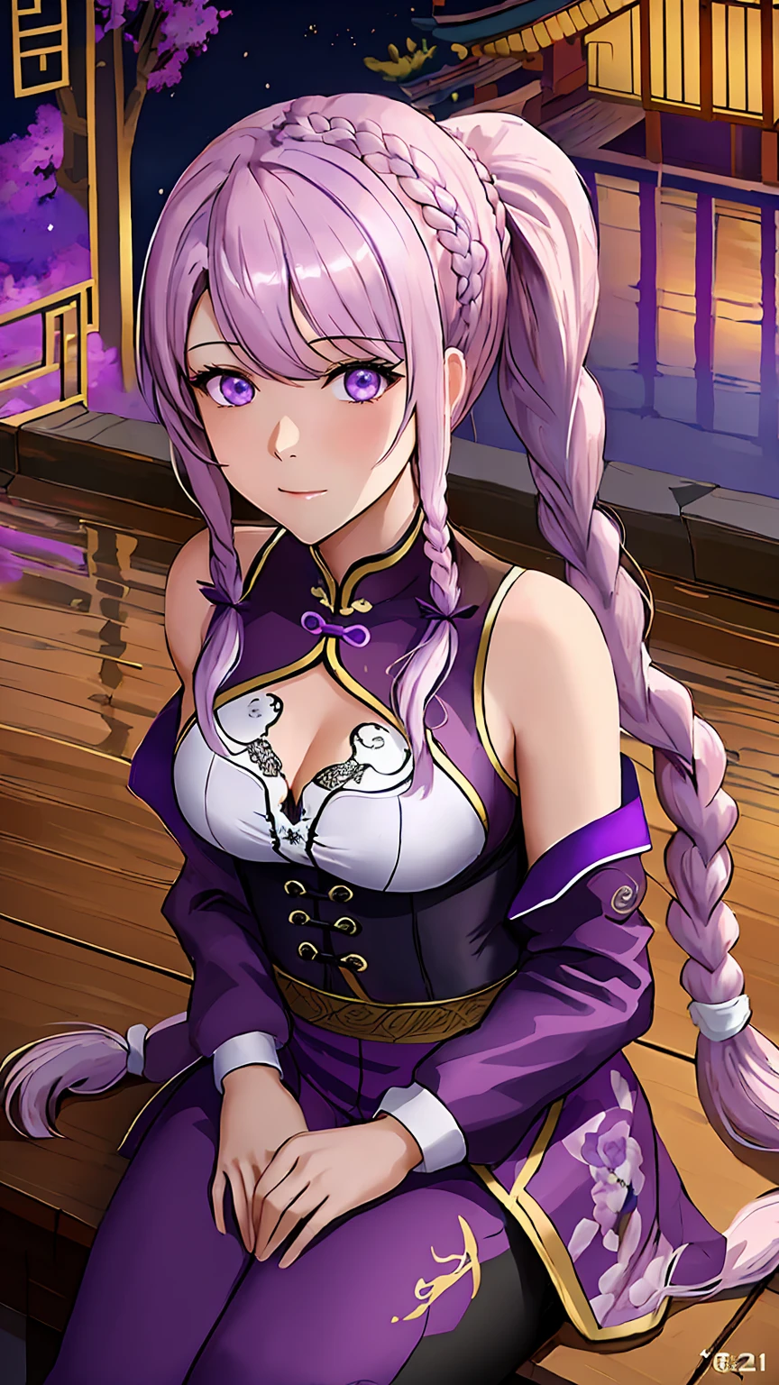 (athletic body:1.3) , Beautiful, Detailed ,1girl, portrait, official art , wallpaper ,ART DIGITAL , HDR , 8K , vivid colours , medium brest ,(masterpiece:1.4) , purple eyes , adult teenager with((long white hair and details purple with a ponytail braided hair:1.3)), wearing a purple futuristic style outfit, with white evening gloves, white long pants and purple futuristic skirt, in the beautiful new year chinese sky:1.2, with her , high quality , high details , at a night , Chinese festival in the garden of a beautiful traditional Chinese temple , sitting , beautiful lake background ,beautiful detailed face , expressions ,style cyberpunk , scam , look for viewer .