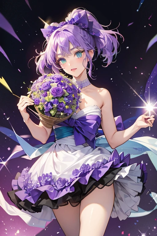 she wears three violet bows on her now-wilder hair and light blue eye shadow around her eyes. She also carries a green bouquet.

She can also occasionally be seen carrying a purple, black, and red fan. SPARKLE; GLITTER