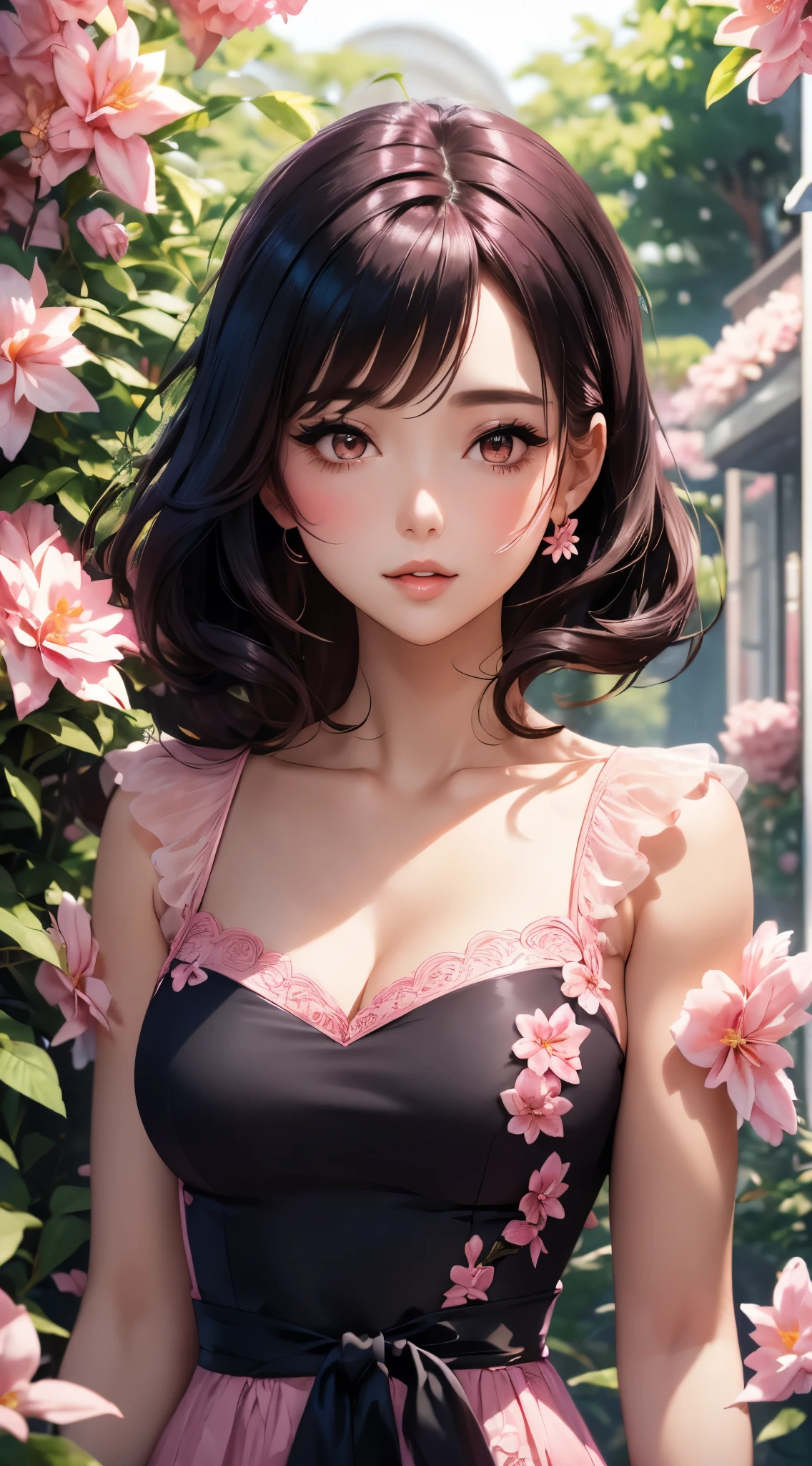 a woman in a jasmine pink dress standing in front of flowers, beautiful comic art, beautiful alluring anime woman, beautiful anime woman
