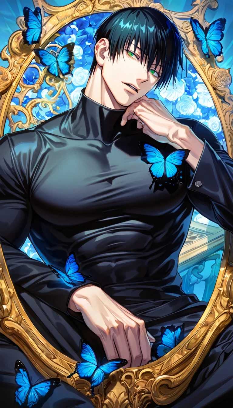 absurdres, highres, ultra detailed, HDR, master piece, best quality, Fushiguro Touji, black straight hair, expressive green eyes, Jujutsu Kaisen, solo, sexy man, sitting, handsome, toned chest, black leather coat, black tight shirt, blue butterflies, blue petals, blue flowers, magical, fantasy, blue background