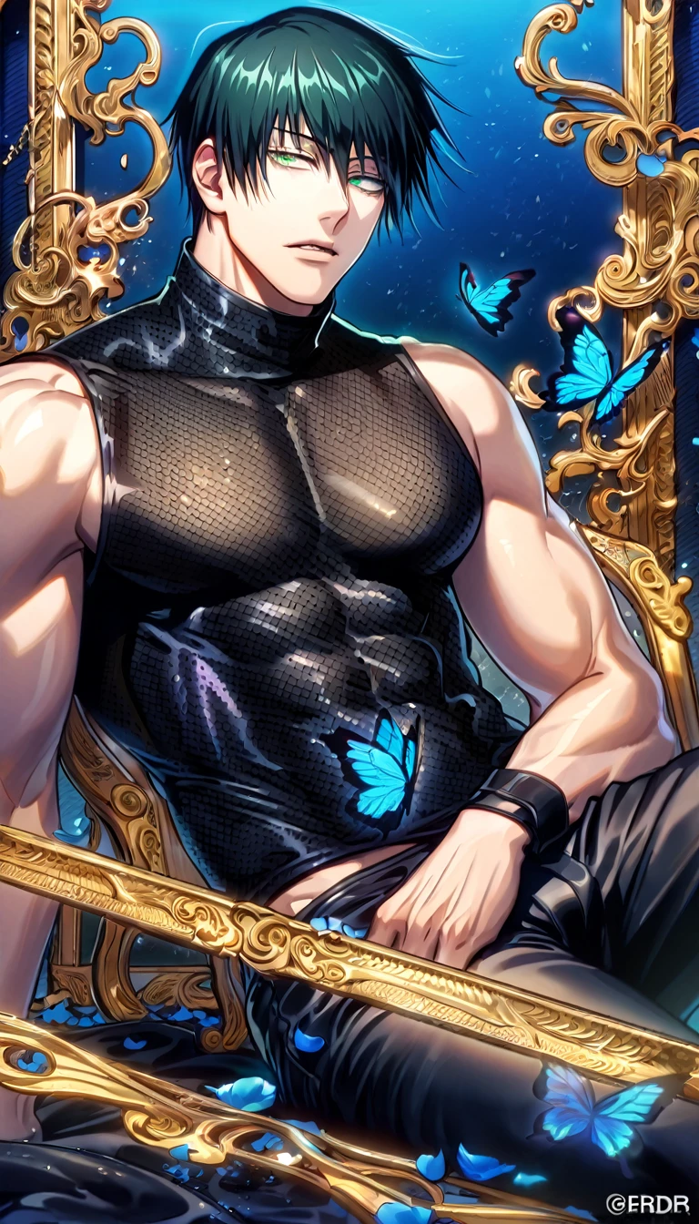 absurdres, highres, ultra detailed, HDR, master piece, best quality, Fushiguro Touji, black straight hair, expressive green eyes, Jujutsu Kaisen, solo, sexy man, sitting, handsome, toned chest, black leather coat, black tight shirt, blue butterflies, blue petals, blue flowers, magical, fantasy, blue background