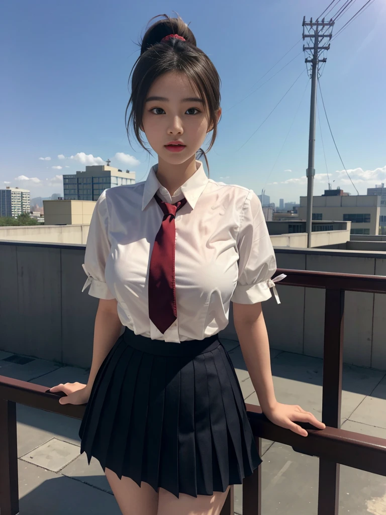 a beautiful 18-year-old Korean girl with short light brown ponytail hair in a Serafuku, tight and moderately translucent shirt revealing large round breasts, slender and curvy figure, beautifully detailed eyes with long eyelashes, double eyelids, and elongated shape, red ribbon tie and short pleated skirt, standing on school rooftop with hands behind hips, 8k ultra-detailed, photorealistic, masterpiece portrait