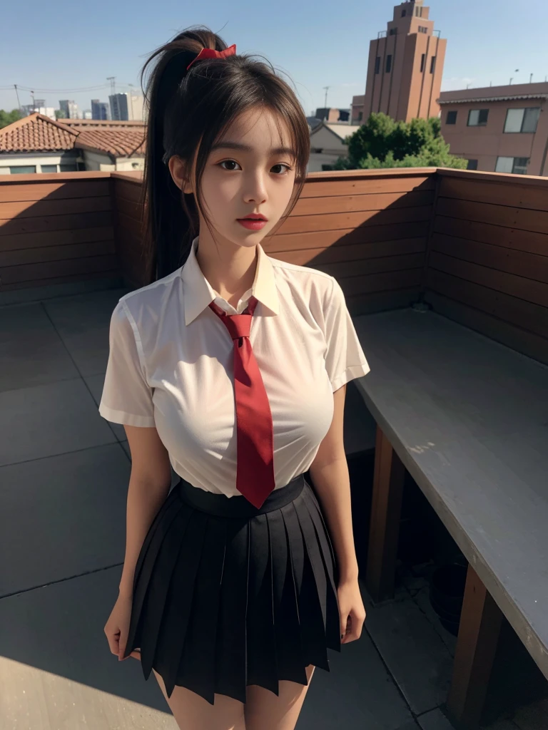 a beautiful 18-year-old Korean girl with short light brown ponytail hair in a Serafuku, tight and moderately translucent shirt revealing large round breasts, slender and curvy figure, beautifully detailed eyes with long eyelashes, double eyelids, and elongated shape, red ribbon tie and short pleated skirt, standing on school rooftop with hands behind hips, 8k ultra-detailed, photorealistic, masterpiece portrait