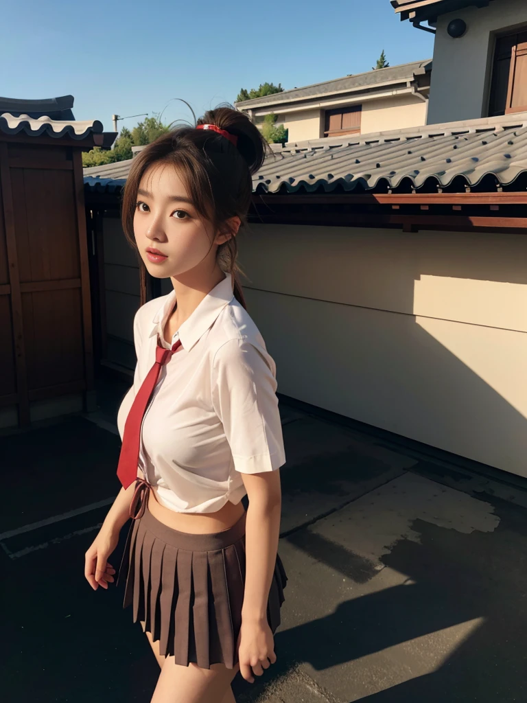 a beautiful 18-year-old Korean girl with short light brown ponytail hair in a Serafuku, tight and moderately translucent shirt revealing large round breasts, slender and curvy figure, beautifully detailed eyes with long eyelashes, double eyelids, and elongated shape, red ribbon tie and short pleated skirt, standing on school rooftop with hands behind hips, 8k ultra-detailed, photorealistic, masterpiece portrait