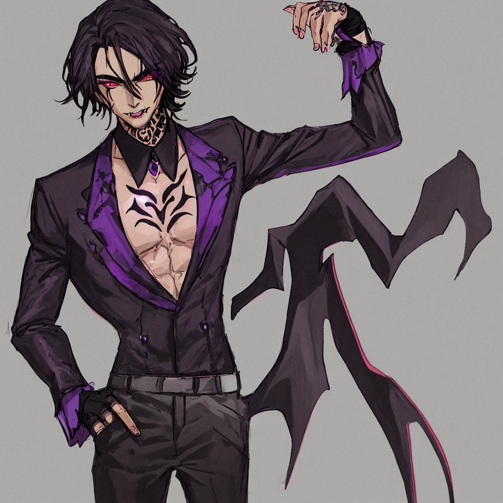 Leonard: *dark velvet hair , Velvet eye , black male, 15 inch BBC , vampire, purple shirt one sleeve missing, velvet pants, African American, tattoo of a letter "O" on his hip*