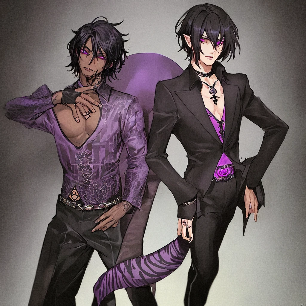 Leonard: *dark velvet hair , Velvet eye , black male, 15 inch BBC , vampire, purple shirt one sleeve missing, velvet pants, African American, tattoo of a letter "O" on his hip*