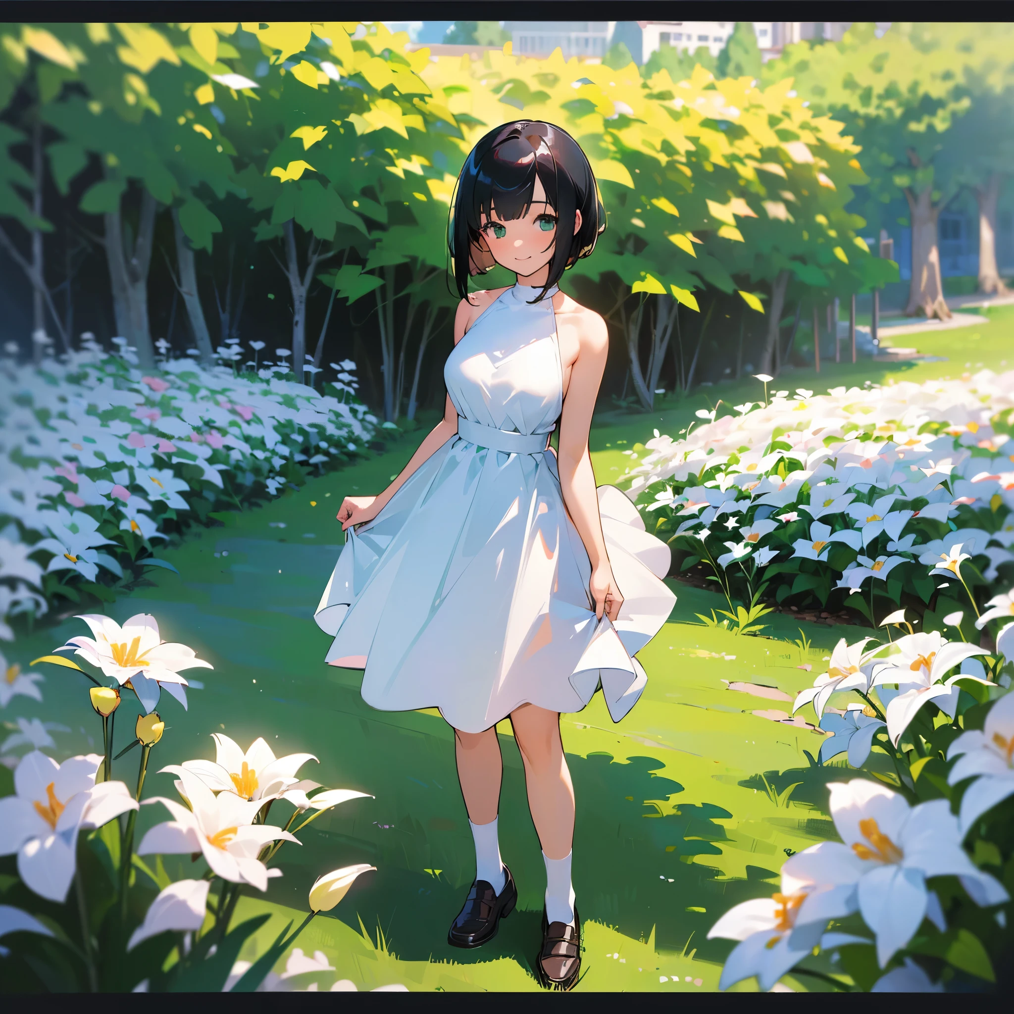(high quality, High resolution, Very detailed, reality:1.37), Peaceful atmosphere, (Outdoor, garden), age girl standing alone, (my breasts are big.), Beautiful details, Cute Smile, (Black bob hair), White sleeveless dress, White socks, loafers.