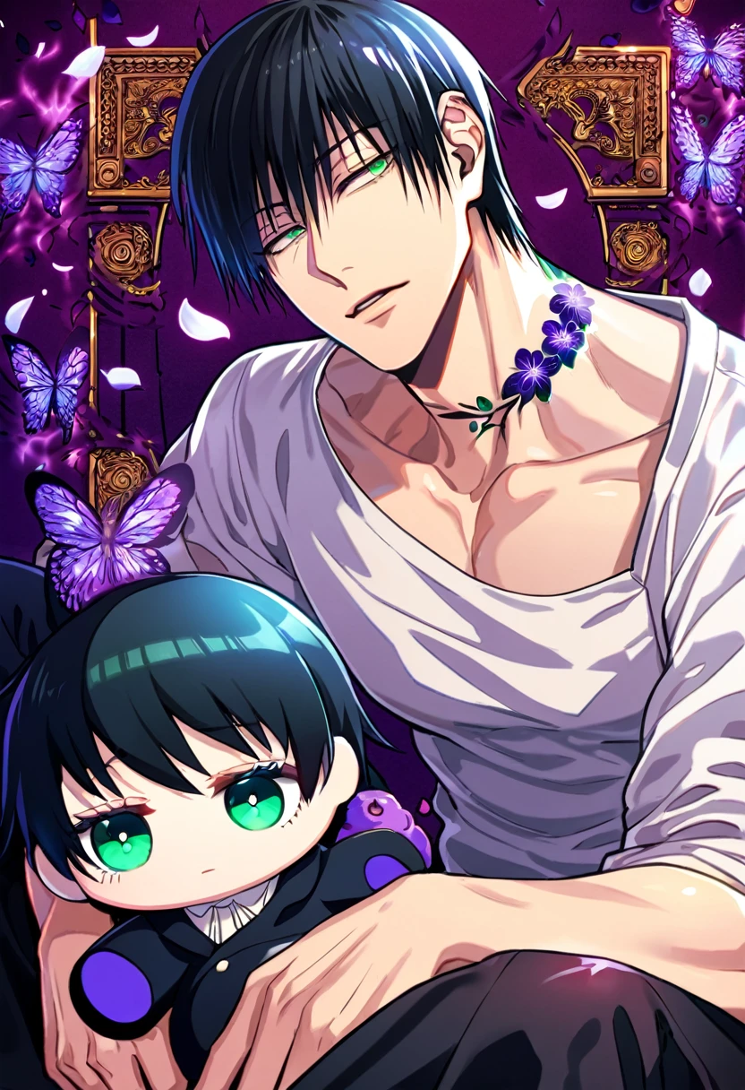 Ultra detailed, Highres, absurdres, HDR, Fushiguro Touji, black straight hair, expressive green eyes, black coat with patterns, Jujutsu Kaisen, white shirt, fantasy, glittering purple butterflies, petals, handsome, sexy man, solo, very detailed eyes and face, master piece, toned chest, glittering, purple flowers, sitting, tattoo on his neck, holding a plushie of Fushiguro Touji, black pants, purple background