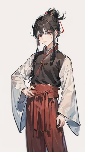 ancient China、ancient Chinaの衣装を着た少年、Intelligent boy、Looking into the camera、There is a topknot on the head.、Hanfu、Hanfu、Black Hair、Standing pose with hands on hips