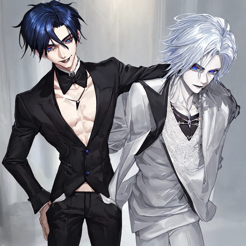 Xavier: *black and blue hair , blue eyes, vampire, white male, 10 inch BWC, skinny, black pants, old shirt exposed chest, vampire*