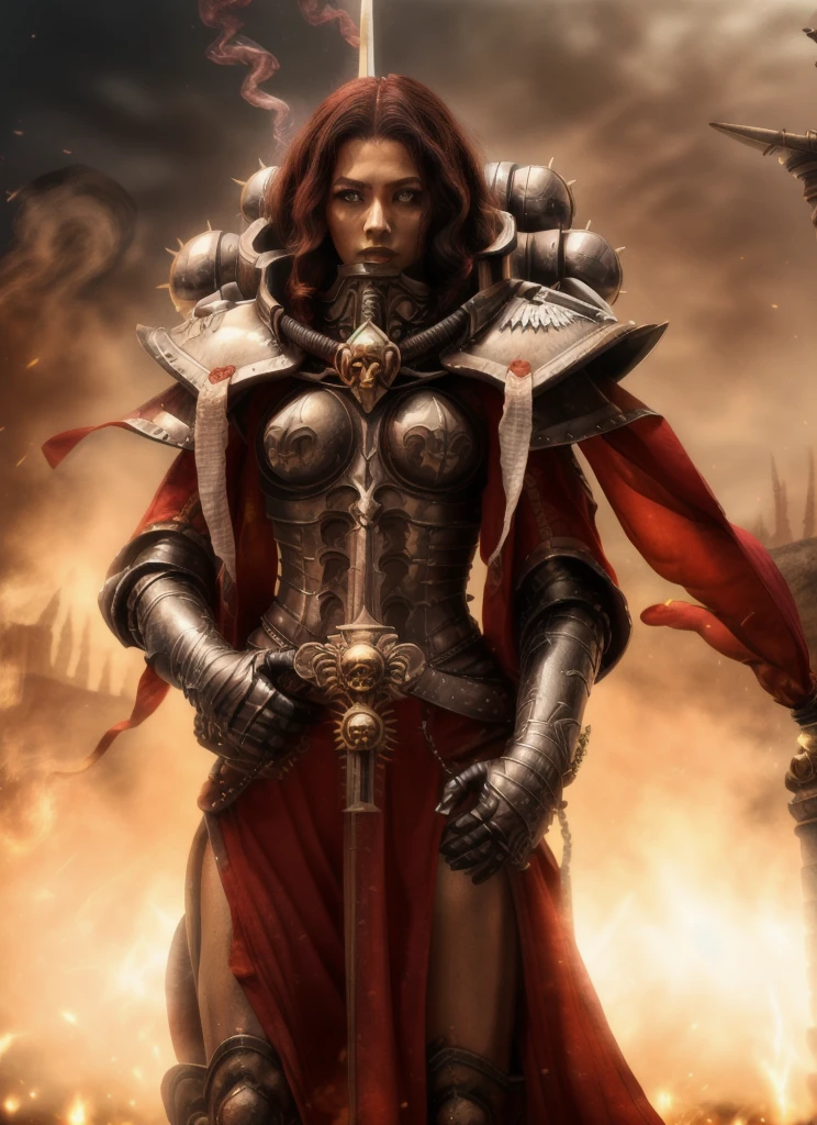 high quality photo of standing whsororitas with sword in hands whsororitas, znd long wavy hair long curly hair, flaming city ruins in background, dust and smoke, atmospheric lighting, white paper scrolls with text, red wax seals, saturated colors, Charlise Terion face, star trek cinematic,warhammer 40k, beautiful face, detailed face, whrepentia with sword
