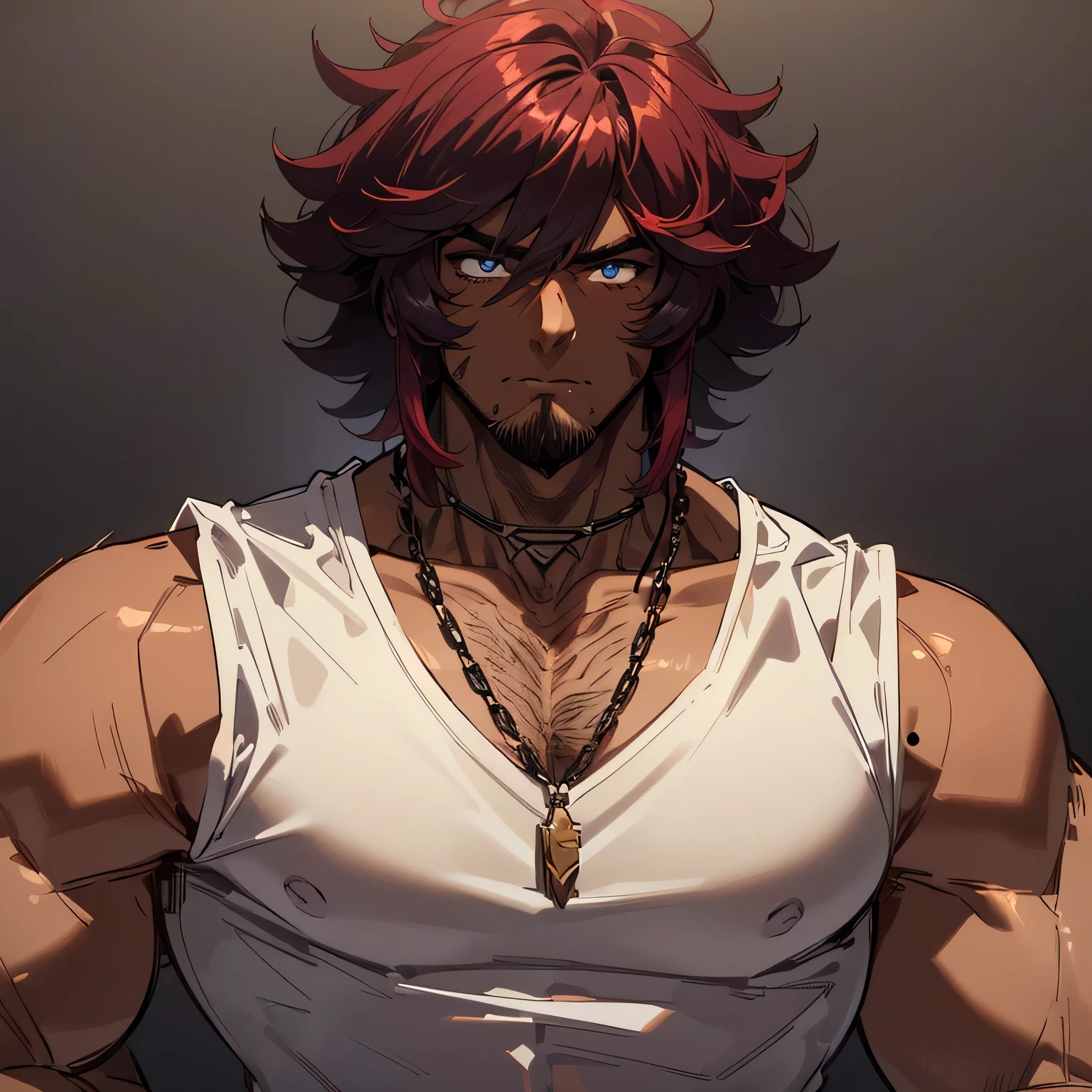 1 man, handsome, masculine, young adult man, ((muscle, broad shoulders)), ((hairy chest)), confident expression, looking at viewer, portrait, chain necklace, ((dark skin:1.9)), blue eyes with white pupils, ((purplish red hair, medium length hair, shaggy hairstyle, messy hair)), tank top, black leather, trimmed beard, thick eyebrows, upper body,