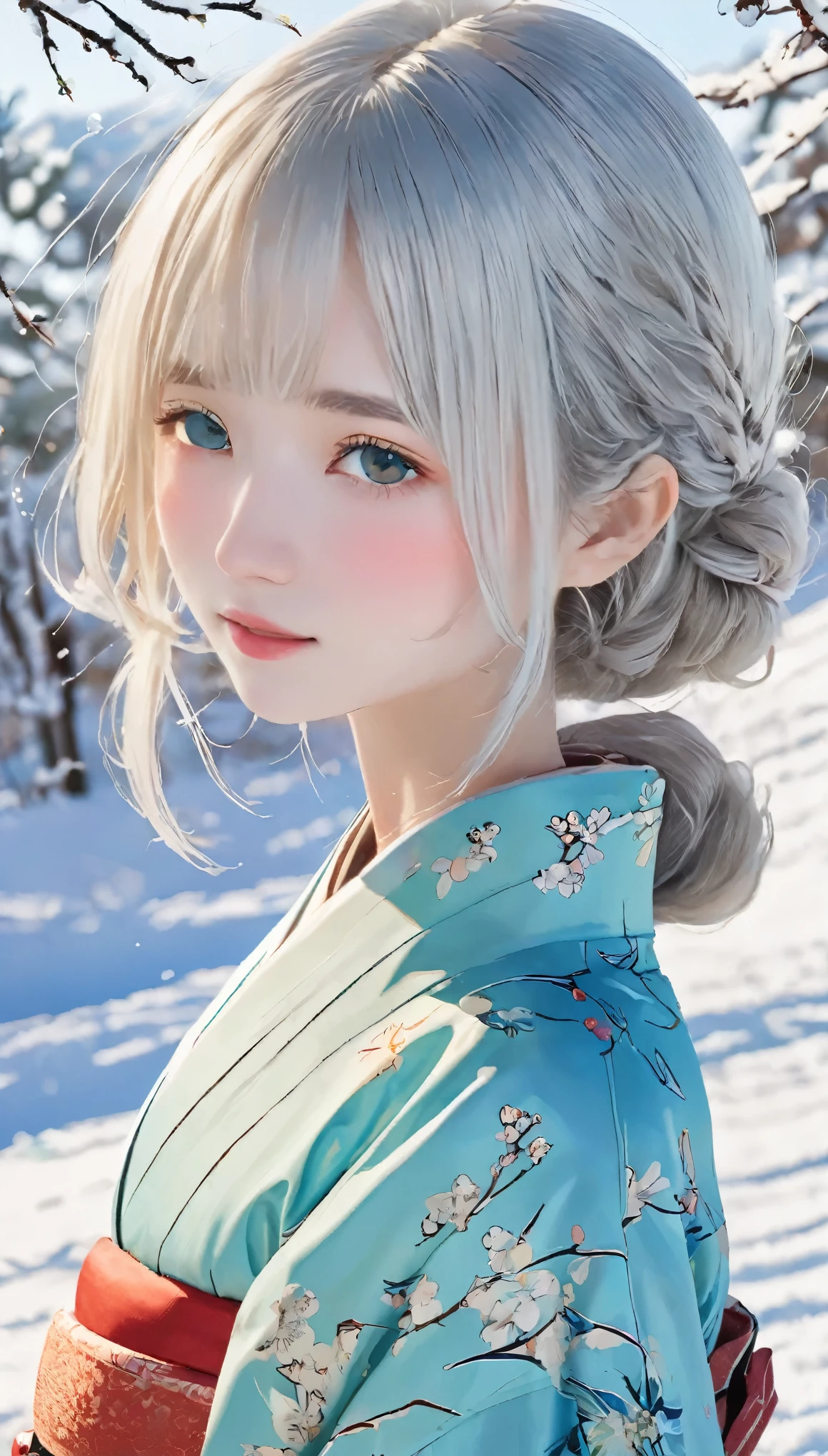 (kimono)、Japanese clothing、(highest quality,masterpiece:1.3,超A high resolution,),(Very detailed,Caustics),(Realistic:1.4,RAW shooting,)Ultra-Realistic Capture,Very detailed,High resolution 16K suitable for human skin、 Natural skin texture、、Skin tone is even and healthy looking、 Use natural light and color,One Woman,Japanese,,cute,Beautiful silky silver hair,Medium Hair,(Written boundary depth、chromatic aberration、Wide lighting range、Natural Shading、)、(Hair swaying in the wind:1.3)、(Snow reflects light:1.3), uniform