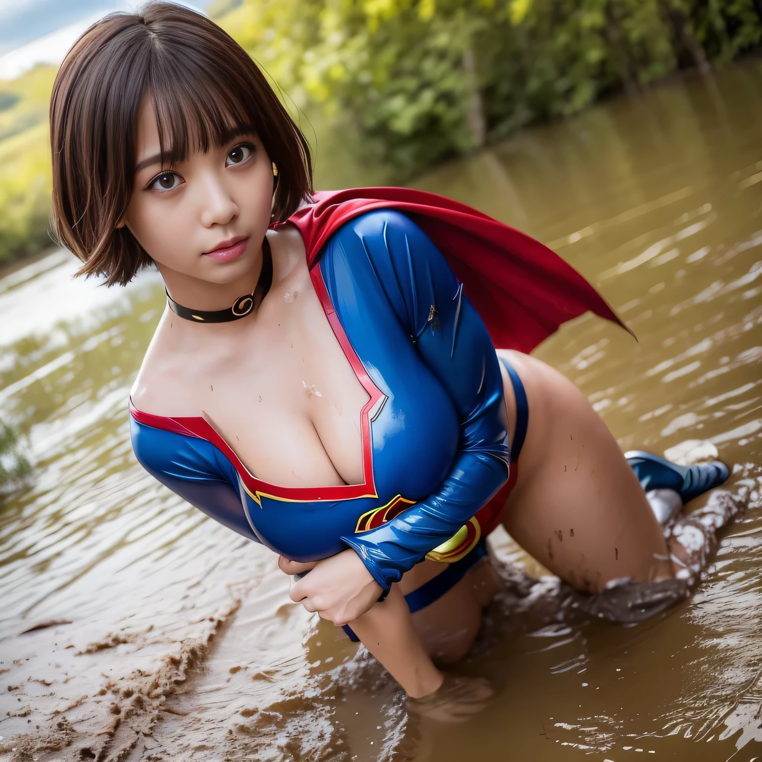 masterpiece、Supergirl Costume、short hair、barefoot、Big and ample breasts、Crisis situation、Complete surrender、Mud stains、Quagmire、Abused、Kneel、Sweaty、Shiny、looking at the camera、Splashing muddy water、choker、Long sleeve、Sexy poses to seduce、Poor environment、Humiliating、Off the shoulder、latex、
