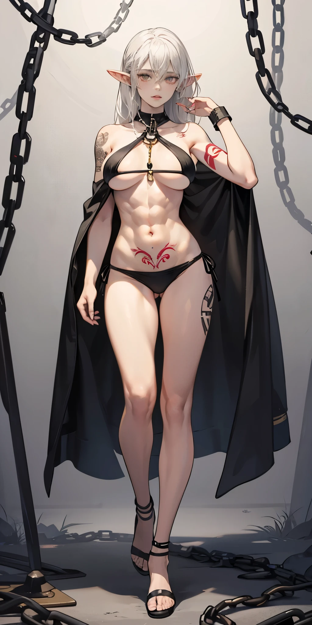 full body standing looking to the camera, grey skin, drow, elf, 1girl, mature, golden eyes, white hair, black bikini, abs, big knockers, tatter rags, chain collar, stomach tattoo (red tattoo) big breast