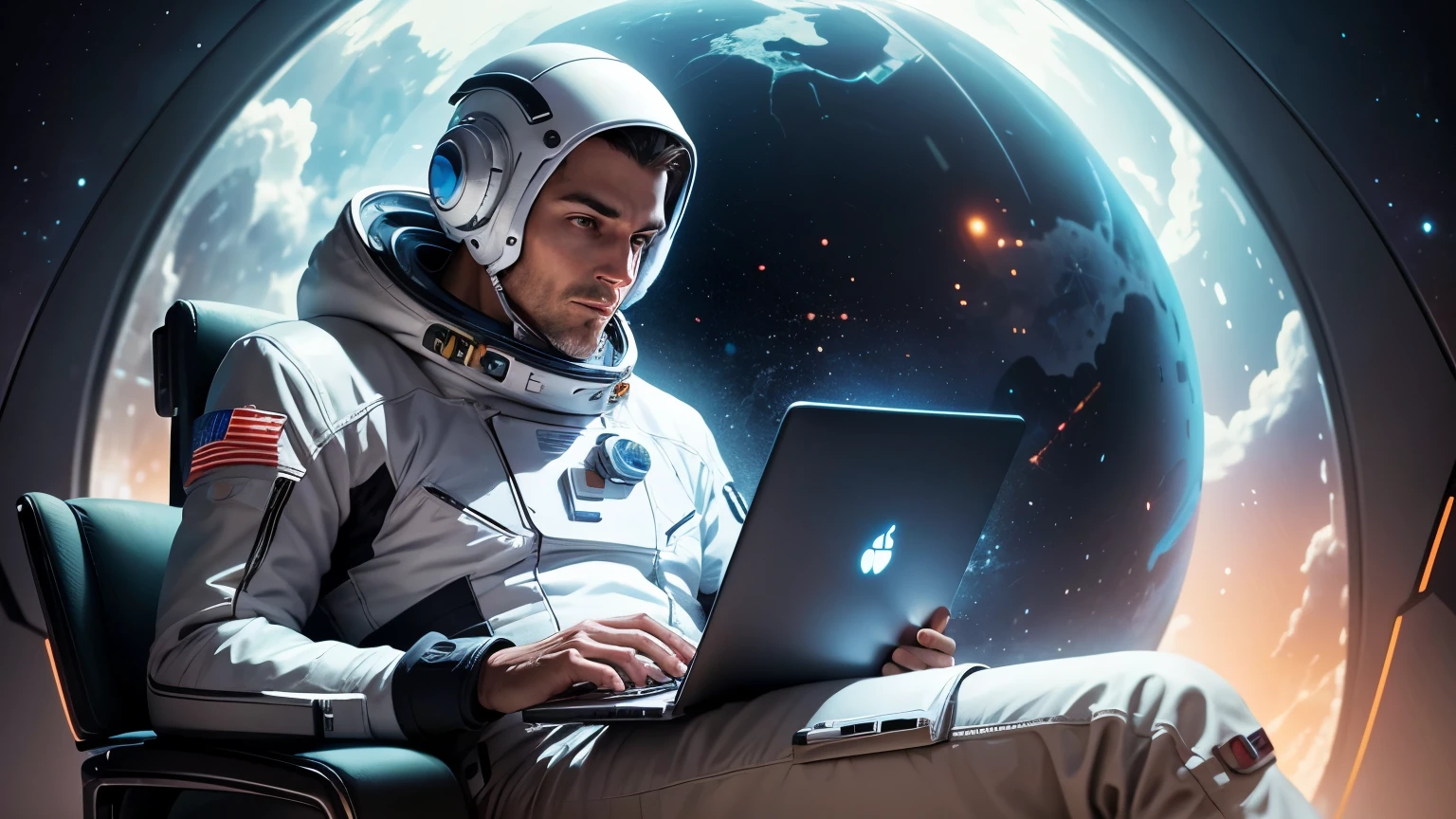 Image of a man in a space suit sitting in a chair with a laptop, Futurismo, Futuristic fantasy, cartel futurista, futurista, Futuristic Sci-Fi, astronauta futuristaa, # del futuro, Futuristic, la imagen es futurista, Futuristic Sci-Fi, estilo futurista, Futuristic Sci-Fi, Composition of and futuristic