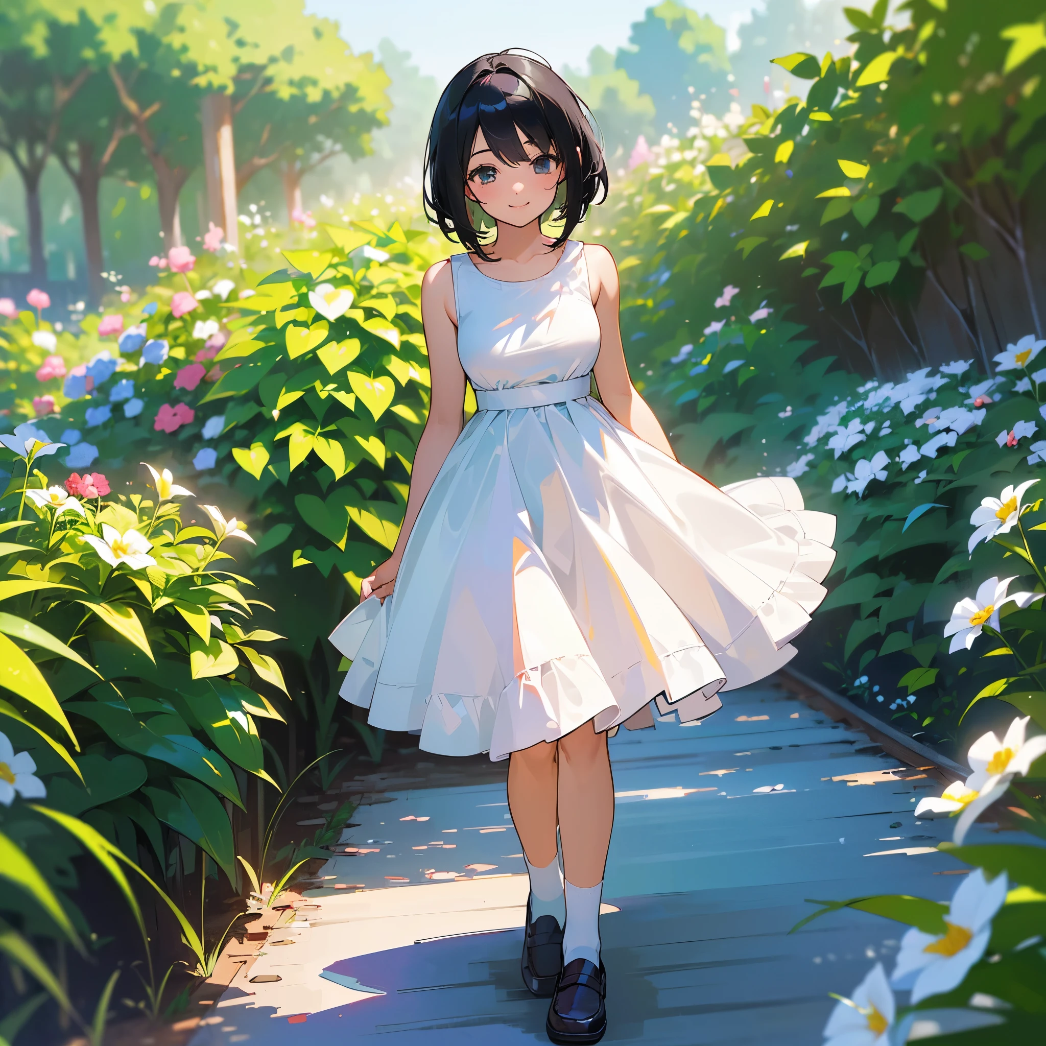 (high quality, High resolution, Very detailed, reality:1.37), Peaceful atmosphere, (Outdoor, garden), Teenage girl standing alone, (my breasts are big.), Beautiful details, Cute Smile, (Black bob hair), White sleeveless dress, White socks, loafers.