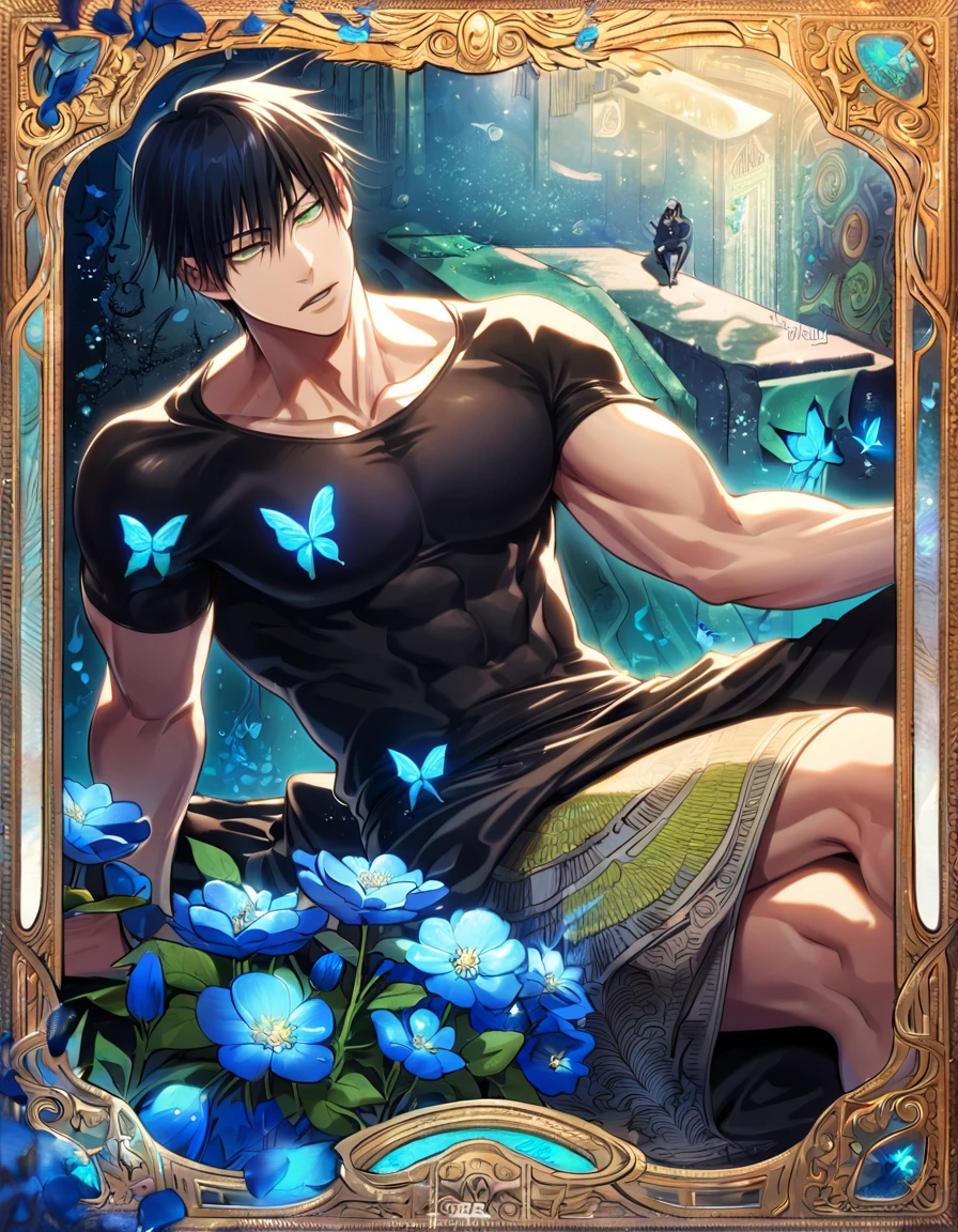absurdres, highres, ultra detailed, HDR, master piece, best quality, Fushiguro Touji, black straight hair, expressive green eyes, Jujutsu Kaisen, solo, sexy man, sitting, handsome, toned chest, black leather coat, black tight shirt, blue butterflies, blue petals, blue flowers, magical, fantasy, blue background