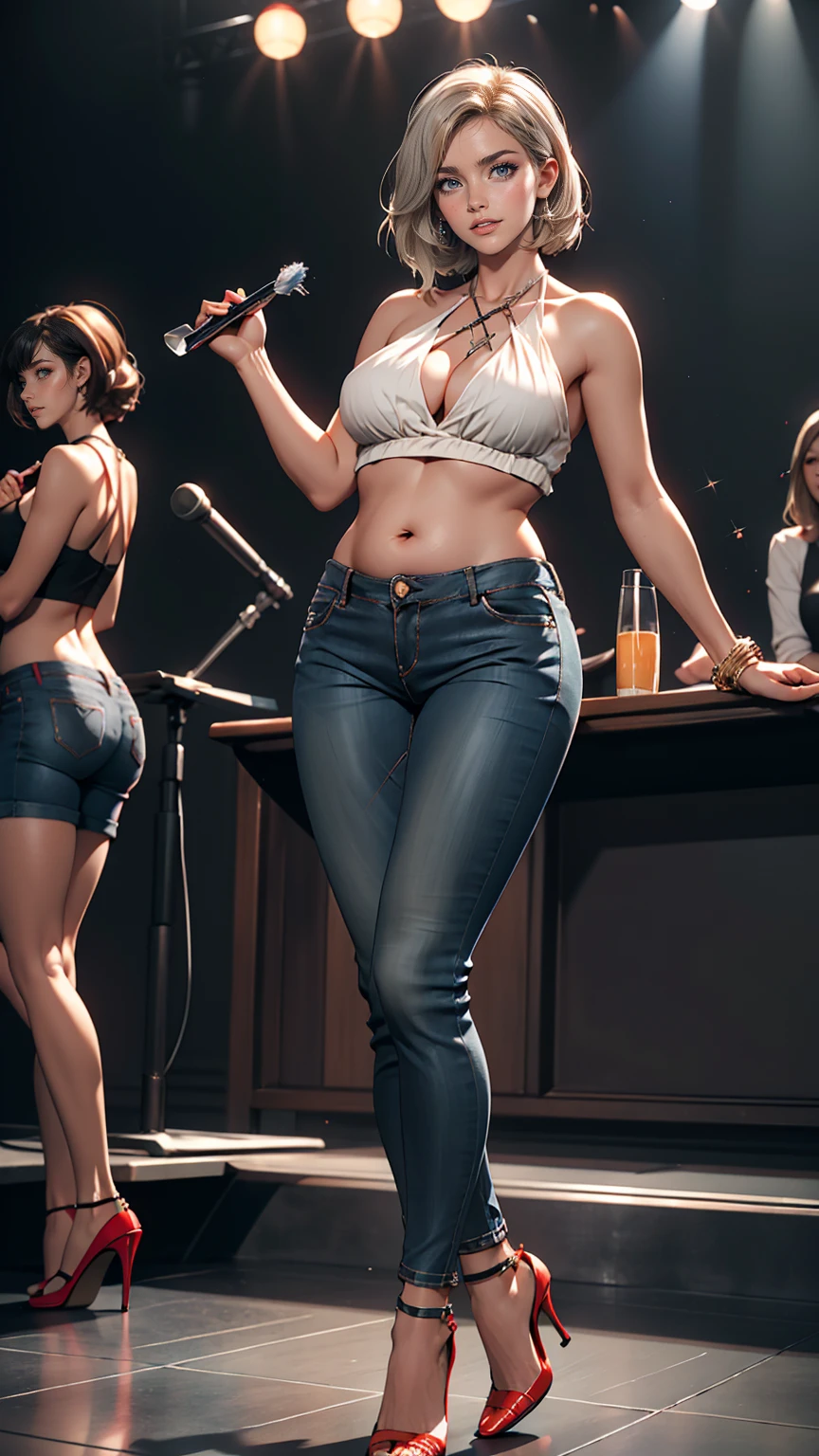 25 year old Caucasian female、Silver Hair、Straight Hair、Erotic proportions、Beautiful legs、Beautiful breasts、Wear a cross halter top、Lower milk visible、I can see my belly button、Low rise skinny jeans、Wear stiletto heels、Brush your hair back、smile、Being on stage