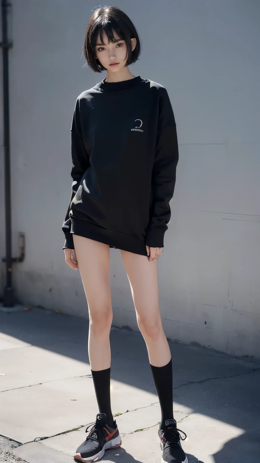 (((Backwards:2.0))), (((Backwards:2.0, Standing posture:1.5))), (((Clothing:2.0, Knee-length sweatshirt:2.0, Knee-high socks:1.8, sneakers:1.5))), (Street Corner:1.5), ((A grin:1.3, Short Hair:1.2, slender:1.5, Small Ass:1.5)), ((Japanese, 1 Girl, 18-year-old, 7 heads, Ideal body proportions, Black Hair, With bangs, Small breasts, Erect nipples, slender, Small Ass, Beautiful feet, Skinny Legs)), Surrealism, Cinematic Lighting, Depth of written boundary, First Person View, F/1.8, 135mm, Ticker, Mastepiece, Curate, ((Anatomically correct:1.3)), Textured skin, Super Detail, High detail, High quality, Awards, Best Quality, High resolution, 8K