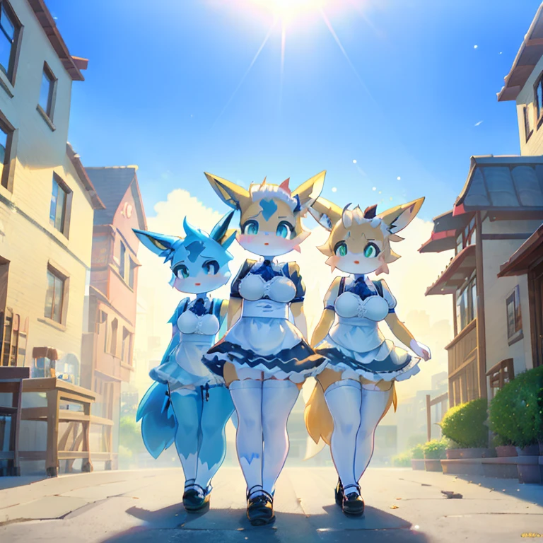 3 girls, rooftops, full face blush, looking at user,  any outfit, 3 girls, Eevee, massive breasts, massive butt, massive hips, undersized outfit, any outfit, Vaporeon, Jolteon, flareon, sylveon, umbreon, leafeon, glaceon, espeon, revealing outfit, fluffy fur, any pose, any expression, any eye color and pupils, doing anything, maid outfit