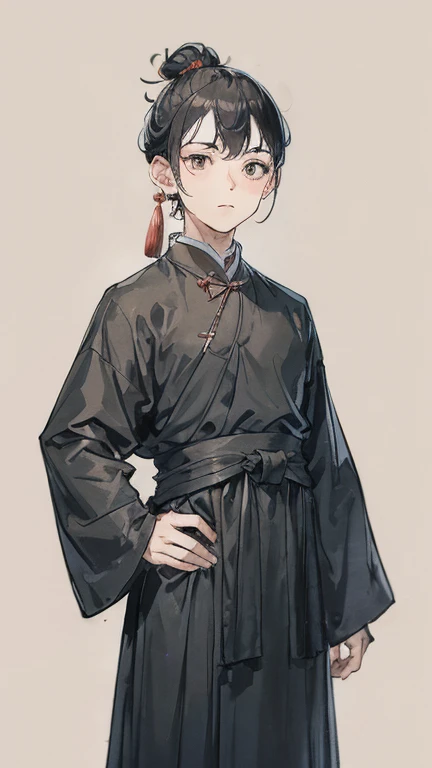 ancient China、ancient Chinaの衣装を着た少年、Intelligent boy、Looking into the camera、There is a topknot on the head.、Hanfu、Hanfu、Black Hair、Standing pose with hands on hips