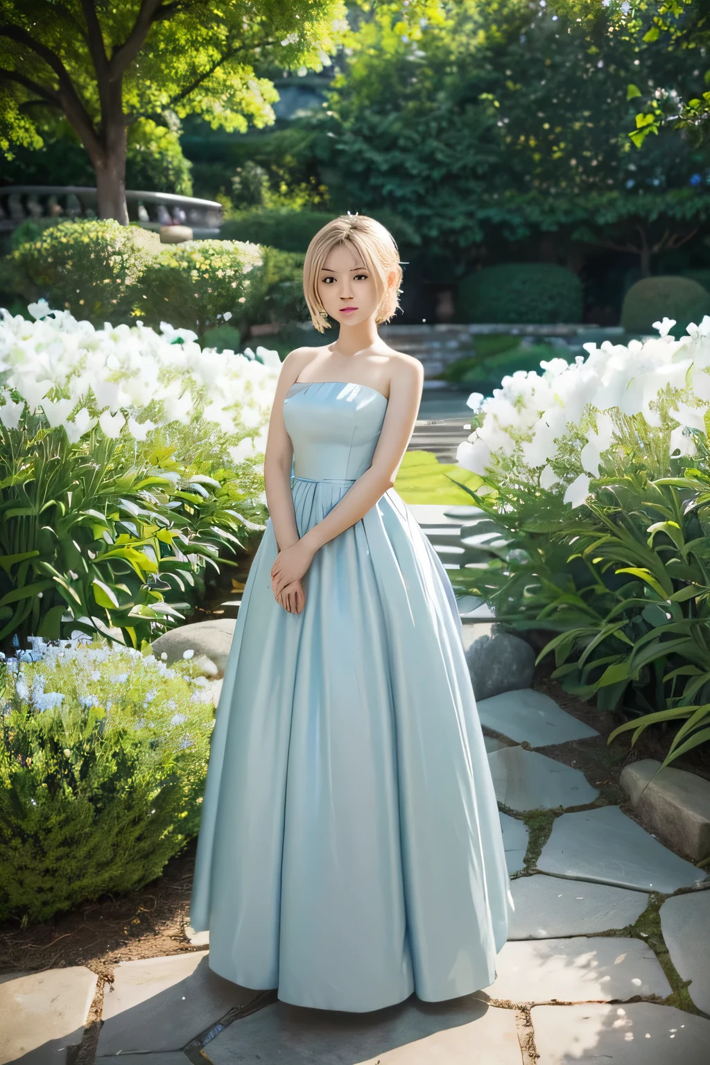 ((best quality)), ((masterpiece)), (detailed), , asian girl, cute face, baby face, blonde hair, big breasts, bob hairstyles, wearing light blue ball gown, standing on a large rock, a garden of lilies around it, ultra HD, super realistic, photography, cinematic, morning.