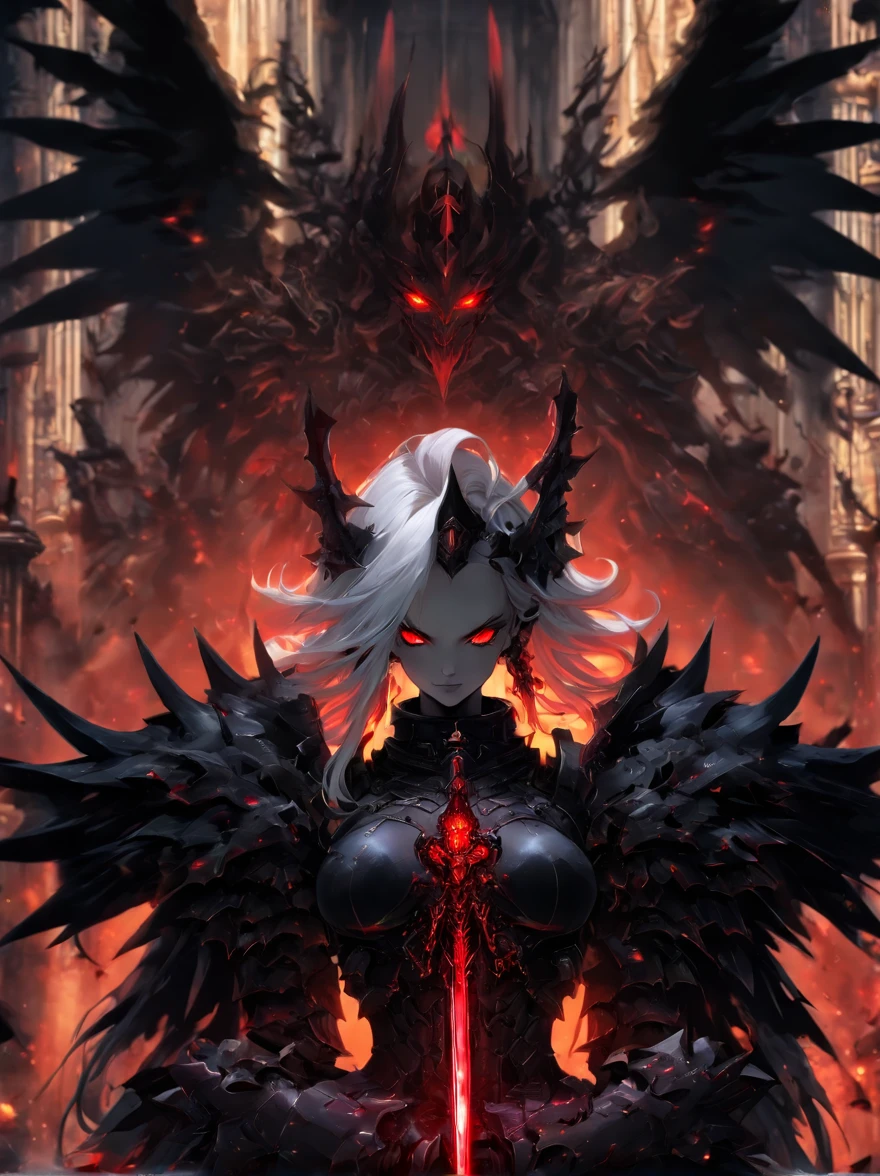 queen power armor  , (gothic style), full body view , bellybutton, The most beautiful and sexy demon goddess, long white hair, glowing red eyes, wearing detailed black gothic battle armor, black angel wings, tattoos and piercings, gothic castle, perfect masterpiece, high quality, high resolution
