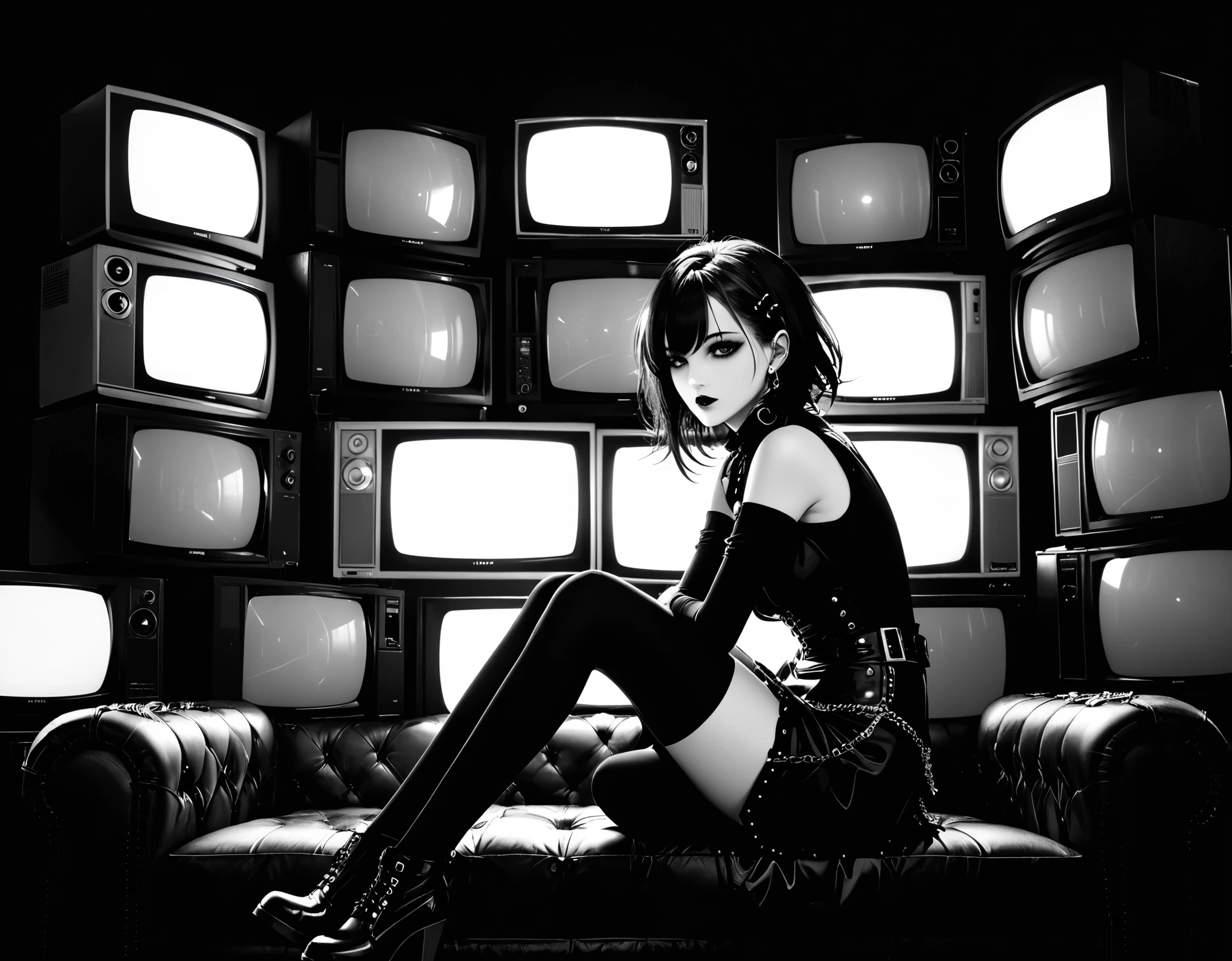 in style of Takeshi Obata,in style of Lillian Bassman,in style of Nick Veasey,(Anime style artist by Jaehyo Lee:1.1),studio lighting,1girl,(future goth-punk costume:1.4),(a lot of tvs are stacked on top of each other to form the background:1.5),cowboy_shot,medium_shot,(sitting on the sofa:1.3),(front view:1.2),backlight,arm_support,leaning_on_sofa,screen syncing,