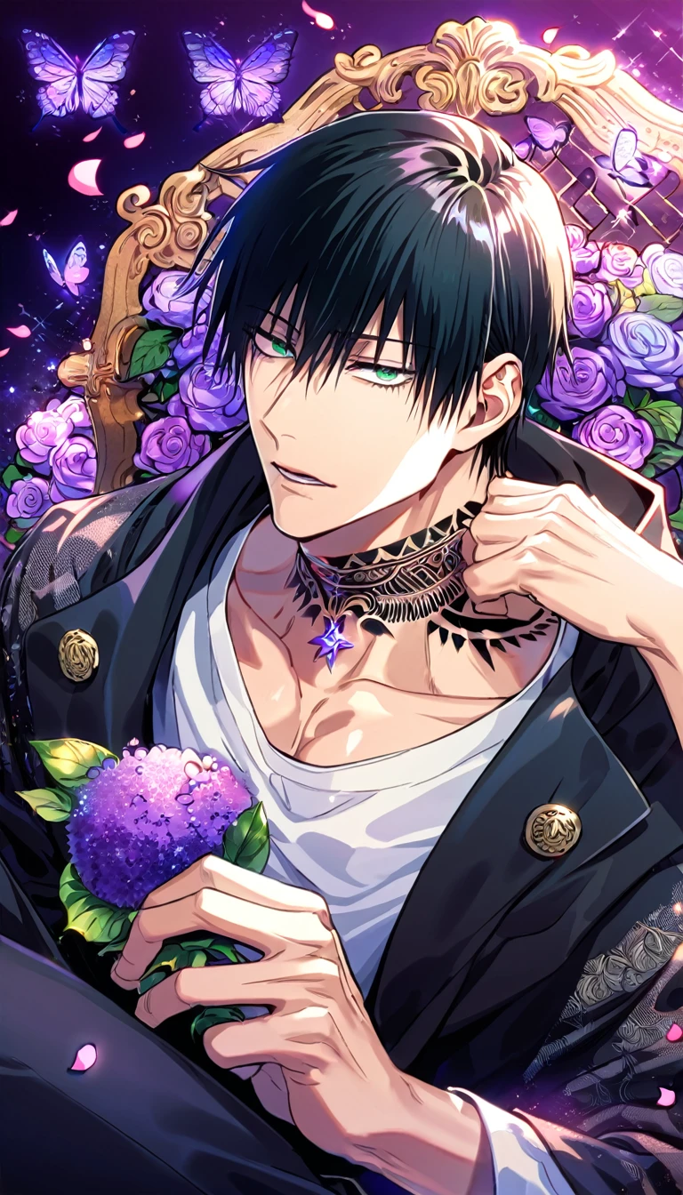 Ultra detailed, Highres, absurdres, HDR, Fushiguro Touji, black straight hair, expressive green eyes, black coat with patterns, Jujutsu Kaisen, white shirt, fantasy, glittering purple butterflies, petals, handsome, sexy man, solo, very detailed eyes and face, master piece, toned chest, glittering, purple flowers, sitting, tattoo on his neck, holding a plushie of Fushiguro Touji, black pants, purple background