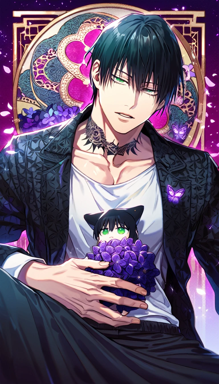 Ultra detailed, Highres, absurdres, HDR, Fushiguro Touji, black straight hair, expressive green eyes, black coat with patterns, Jujutsu Kaisen, white shirt, fantasy, glittering purple butterflies, petals, handsome, sexy man, solo, very detailed eyes and face, master piece, toned chest, glittering, purple flowers, sitting, tattoo on his neck, holding a plushie of Fushiguro Touji, black pants, purple background