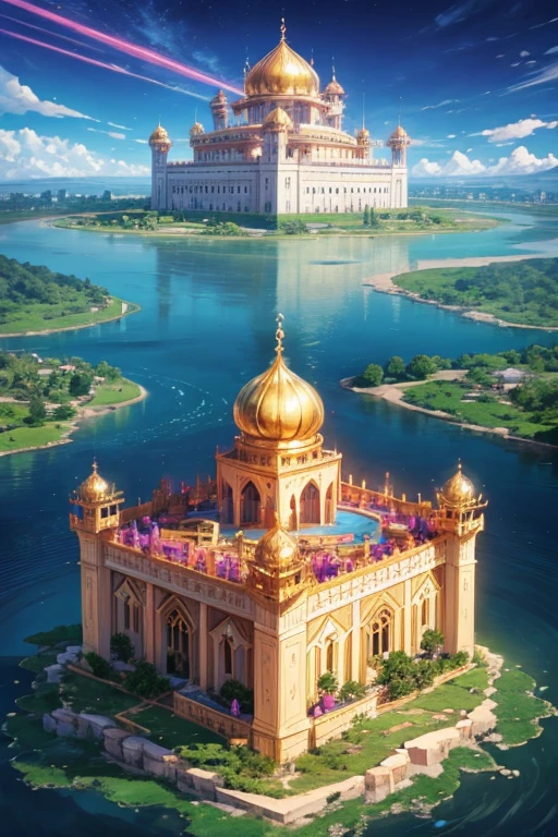 floating island with golden Muslim palace with vegetation and rivers with a tower in the center with a purple fire and blue sky background