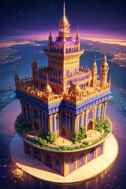 floating island with golden Muslim palace with vegetation and rivers with a tower in the center with a purple fire and blue sky background