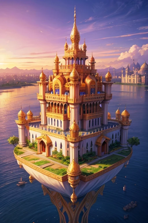 floating island with golden Muslim palace with vegetation and rivers with a tower in the center with a purple fire and blue sky background