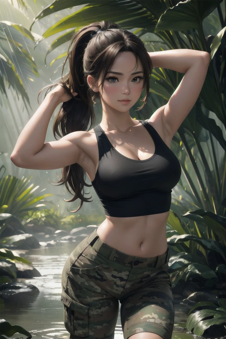 realistic portrait of a 36 year old woman, 1 girl, anime style, best quality, 4k, 8k, highres, masterpiece, ultra-detailed, photorealistic, black tanktop, tight military pants, baggy camo pants, walking in rainy jungle, brown hair, floating hair, medium breasts, detailed facial features, beautiful detailed eyes, beautiful detailed lips, extremely detailed face, long eyelashes, dynamic pose, dramatic lighting, cinematic atmosphere, muted color palette, rain effect, lush jungle environment, detailed textures, volumetric lightingponytail, standing up, looking at viewer, and on the back of head tying hair back, collarbone, full body shot, looking deeply into viewer eyes, facing viewer, arms up, hands on head