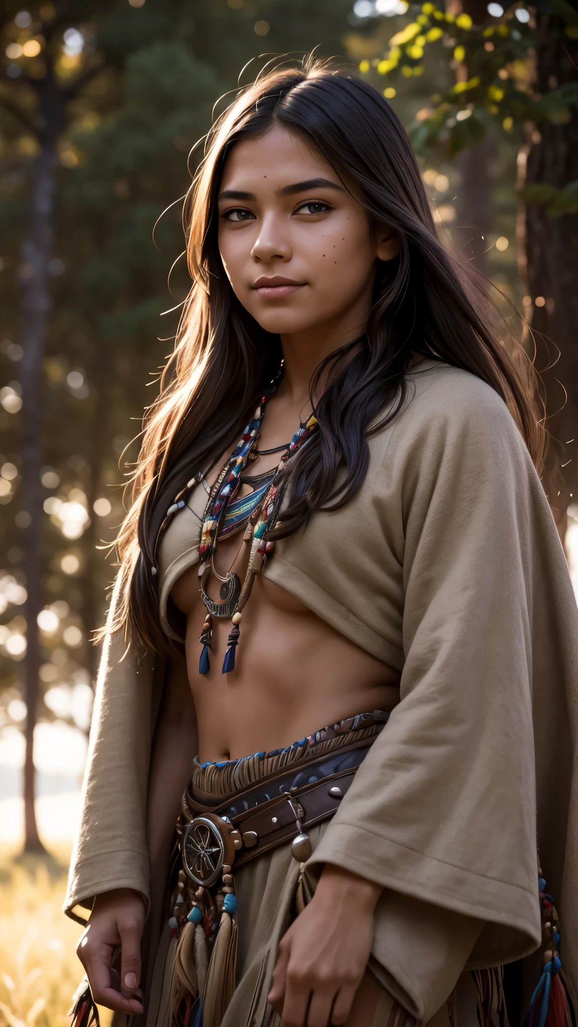 (grainy:0.5), cinematic, girl,native american,fantasy,(solo:1.3), detailed eyes, detailed face, detailed  native american clothing , volumetric lighting, dusk, extremely detailed background, standing next to tree, smiling, half closed eyes, tilted head, from side