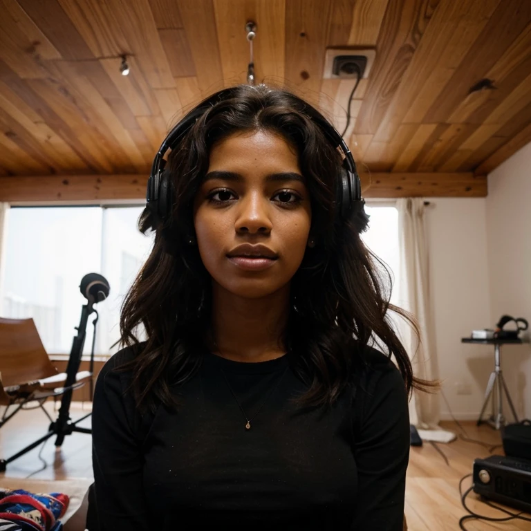 Mujer de pechos grandes pelo negro escuchando musica