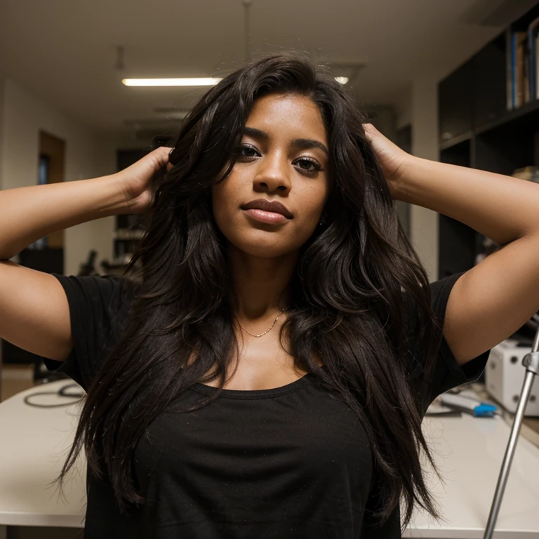 Mujer de pechos grandes pelo negro escuchando musica
