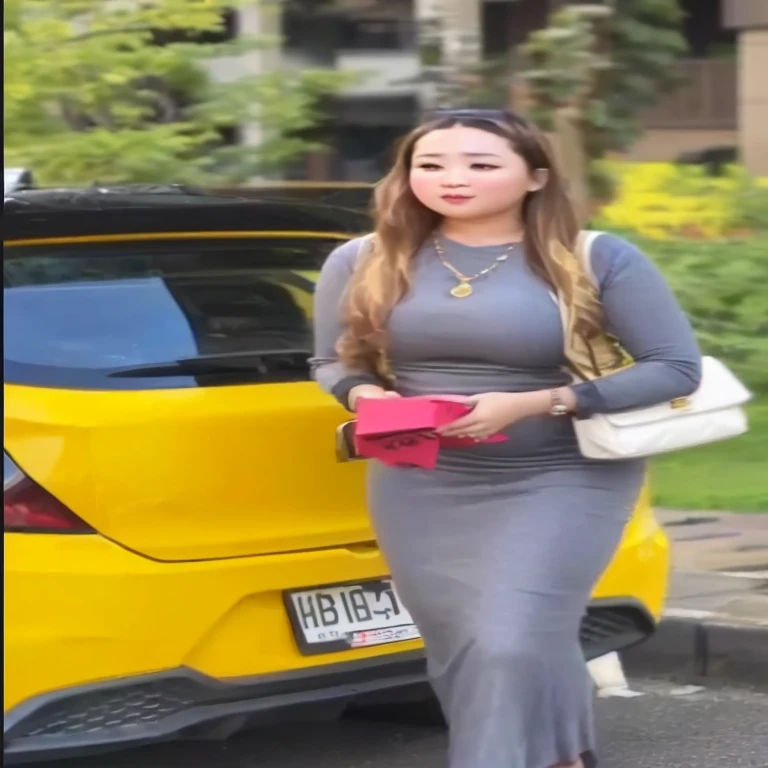 araffe woman in grey dress walking down street next to yellow car, tight dress, wearing a yellow dress, lady using yellow dress, in a dress, dressed with long fluent clothes, high quality upload, wearing tight simple clothes, her wardrobe is attractive, simple dress, gorgeous lady, she has a jiggly fat round belly, skintight dress,high quality video.ultra HD.high resolusi