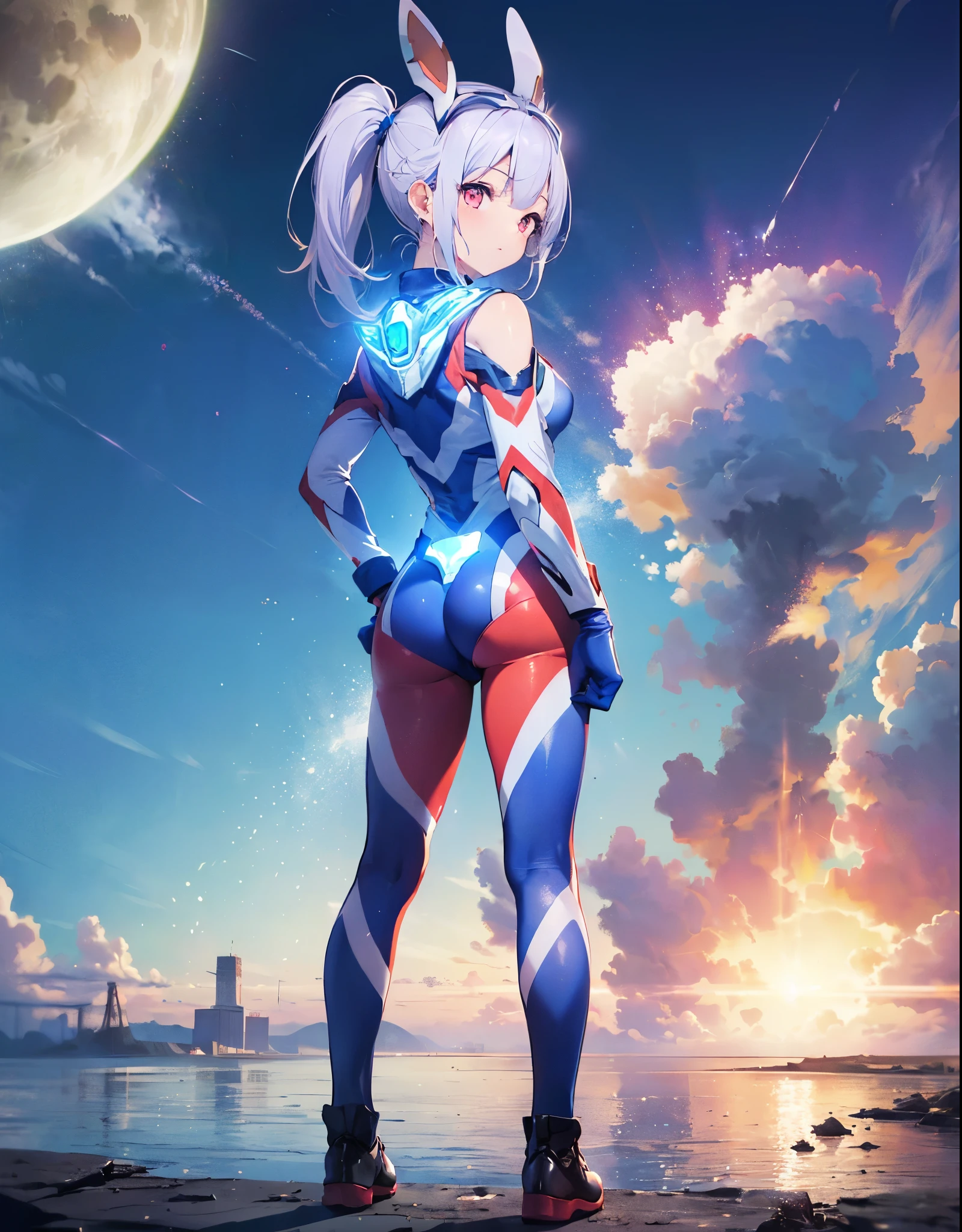(Close-up:1.3),Realistic,highest quality, Ultra Detail, High-quality CG rendering, The most delicate and beautiful, Floating softly, High resolution, (1 girl), (Highest quality,4K,8K,masterpiece:1.2) ,Light purple hair,Rabbit,Bunny ears,ponytail,Red eyes,(Ultra Girl:1.0),(Bright blue Ultraman bodysuit:1.4),(Blue gloves:1.3),(Blue shoes:1.3), (Turn your back to your audience:1.3),Ass,(背中にウサギのAss尾:1.5),(whole body:1.3), (Clenched Fist:1.2),(Place your hands on your hips:1.2)