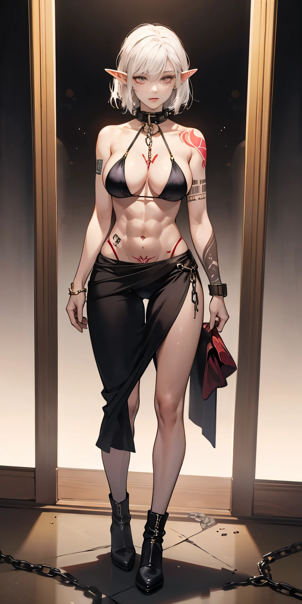 1sologirl, full body standing looking to the camera, grey skin, drow, elf, 1girl, mature, golden eyes, white hair, black bikini, abs, big knockers, tatter rags, chain collar, stomach tattoo (red tattoo) big breast