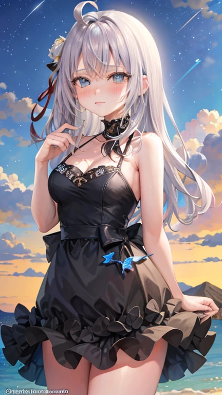 obra maestra，High quality CG illustration，Cinematic lighting effects.，Detalles faciales ultra detallados，ojos detallados，La mejor calidad en el mejor de los casos，Trabajo de nivel de obra maestra，Alyssa Kuru，1 chica，Bikini mariposa，Pelo largo y blanco，eOjos azules，Enfoque individual，desprecia a un espectador，Chapotea junto o en el mar。