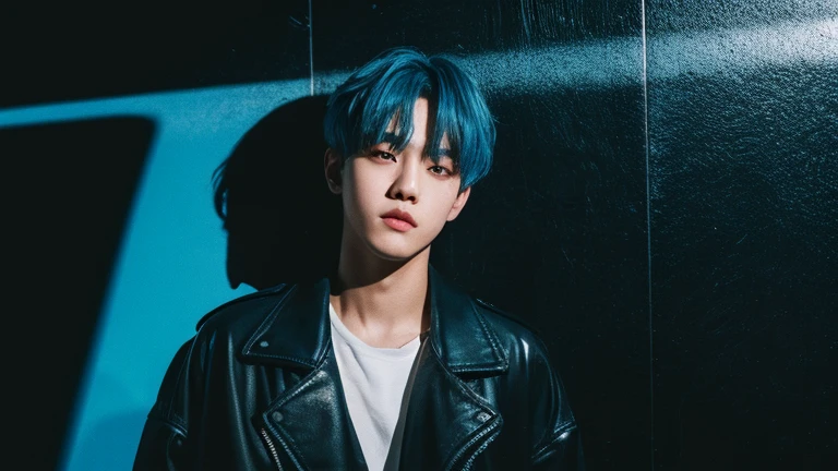 (Highly realistic photos, concentrate、High resolution, Detailed face, Detailed Hair,fine grain), ((Shooting in front of a wall))、Japanese men, 20-year-old, One boy,Only one person is in the photo、Natural look、                                                   Upper body portrait,masterpiece,Kim Tae-hyung,Kim Taehyung\(BTS\),Stage makeup,Fair skin,Broad shoulders:1.5,(Blue Hair, :1.2),((Wearing a black jacket)), shy,The intense neon lighting casts dynamic, colorful shadows on her face, emphasizing the lively energy of Tokyo's night life --ar 3:4 --style raw --stylize 250