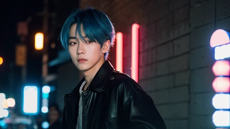 (Highly realistic photos, concentrate、High resolution, Detailed face, Detailed Hair,fine grain), ((Shooting in front of a wall))、Japanese men, 20-year-old, One boy,Only one person is in the photo、Natural look、 Upper body portrait,masterpiece,Kim Tae-hyung,Kim Taehyung\(BTS\),Stage makeup,Fair skin,Broad shoulders:1.5,(Blue Hair, :1.2),((Wearing a black jacket)), shy,The intense neon lighting casts dynamic, colorful shadows on her face, emphasizing the lively energy of Tokyo's night life --ar 3:4 --style raw --stylize 250