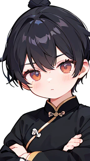 ancient China、ancient Chinaの衣装を着た少年、Intelligent boy、Looking into the camera、There is a topknot on the head.、Hanfu、Black Hair、Standing and posing with arms crossed
