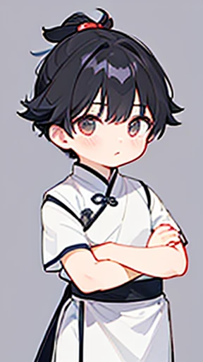ancient China、ancient Chinaの衣装を着た少年、Intelligent boy、Looking into the camera、There is a topknot on the head.、Hanfu、Black Hair、Standing and posing with arms crossed