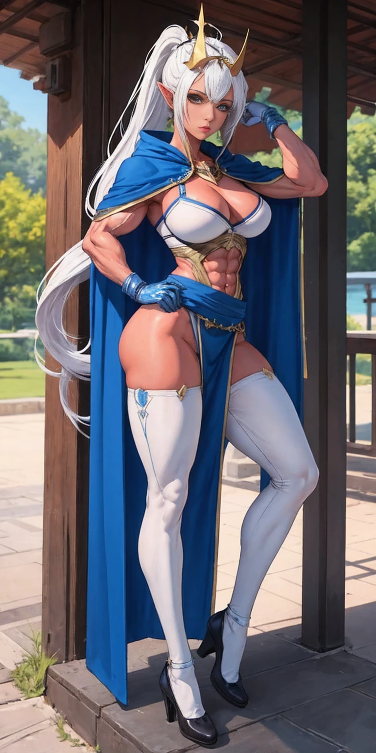 extremely long hair , ponytail, perfect anatomy 1 girl tall solo, slim thick, ((muscular)) high elf toned body, silver breast plate, blue cape, slendered abs, hourglass waist, detailed face, defined cheekbones, puffy lips, gauntlets, gold crown, shadow over eyes, looking at viewer, masterpiece, white thigh highs lingerie, high heels